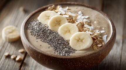 Fototapeta premium Healthy Banana Oatmeal Smoothie Bowl with Chia Seeds and Coconut Flakes