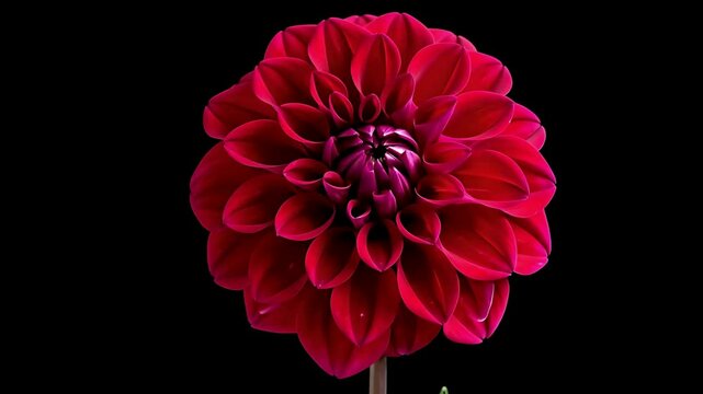 Time lapse of a red dahlia flower blooming on black background