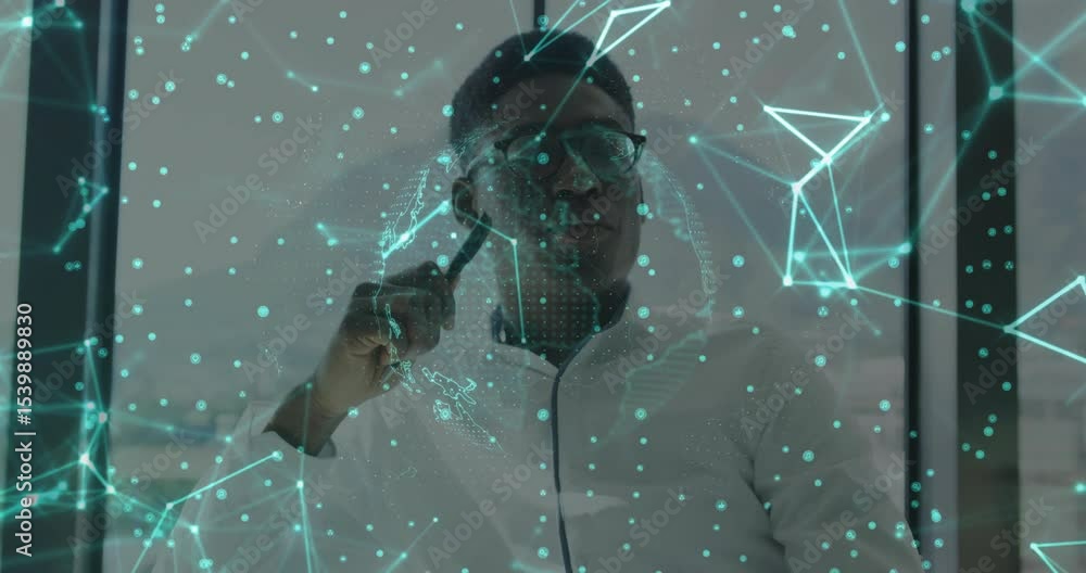 Leinwandbilder man holding smartphone triggers holographic network with rotating globe while monitoring tech data