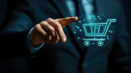 A hand points to a digital shopping cart.