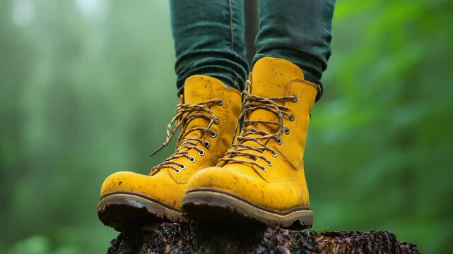 camping adventure concept. A pair of yellow hiking boots standing on a tree stump in a lush green forest.