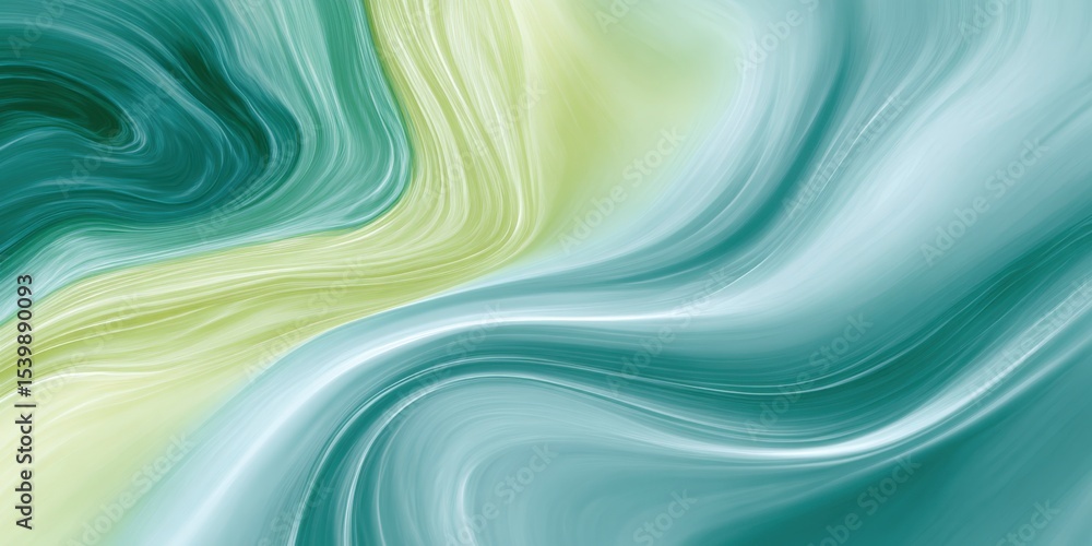 Poster Abstract fluid swirl design with vibrant green blue and cream colors in smooth flowing pattern