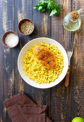 Orzo pasta with roasted chicken breast and curry sauce. Recipe. Healthy eating.