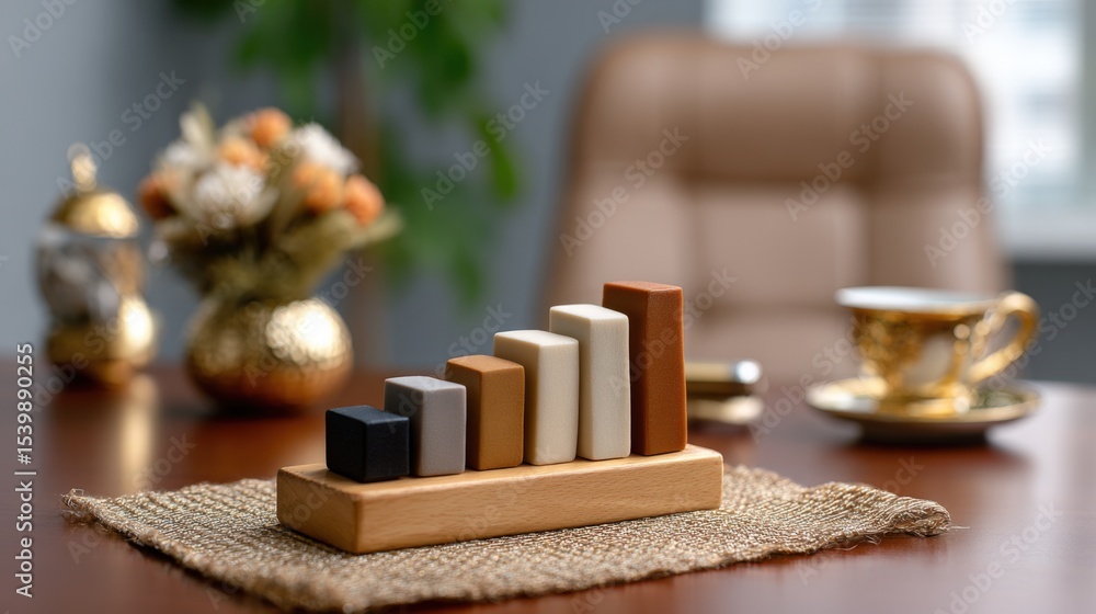 Poster Stylish wooden bar graph with colorful blocks on table in elegant office setting