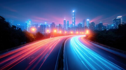 Fototapeta premium Vibrant night city skyline with illuminated skyscrapers and light trails on highway