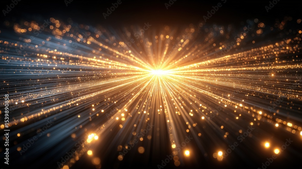 Poster abstract dynamic glowing golden light streaks radiating outward with sparkling particles