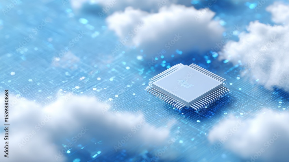 Fototapete advanced microprocessor chip floating in sky with clouds and digital data flow