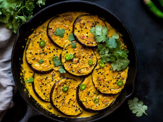 Slices of eggplant cooked in coconut curry sauce with herbs and spices