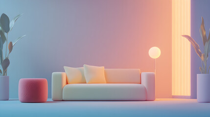 Minimalist living room interior design featuring sofa potted plants and artistic lighting