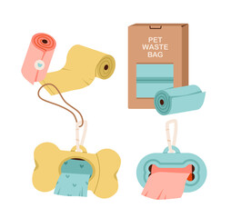 Pet waste bags set. Cleaning up after the dog. Poop bag to clean after a dog during a walk. Flat vector illustration.