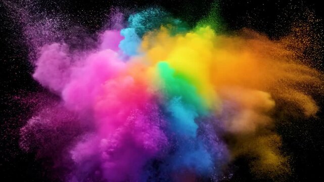 Vibrant color explosion in slow motion with dynamic rainbow burst on black background