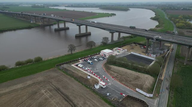aerial view of The Ouse Bridge is a reinforced concrete plate girder bridge on the M62 that spans River Ouse. East Yorkshire 