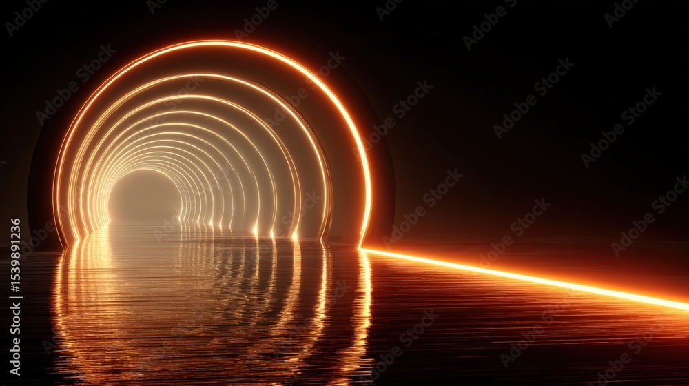 Poster long glowing tunnel of neon light reflections creating futuristic sci-fi scene