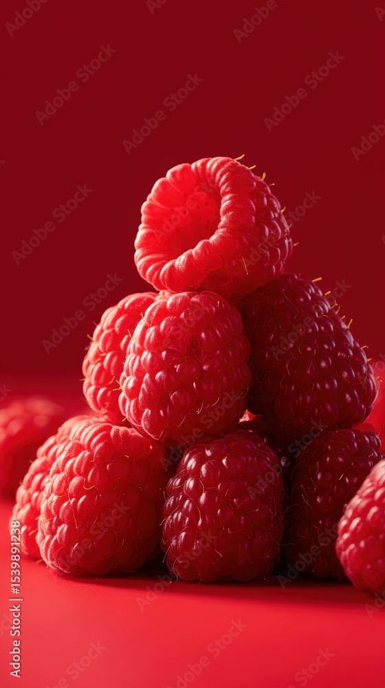 Poster close-up of fresh ripe raspberries stacked in a pyramid against a vibrant red background
