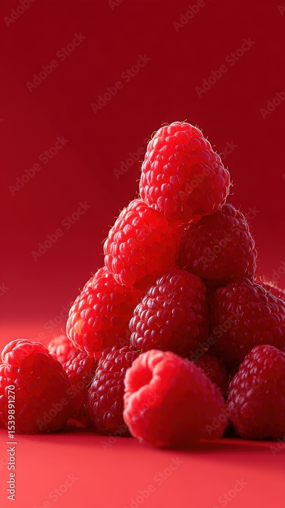 Poster close-up of fresh raspberries pyramid with red background and soft lighting