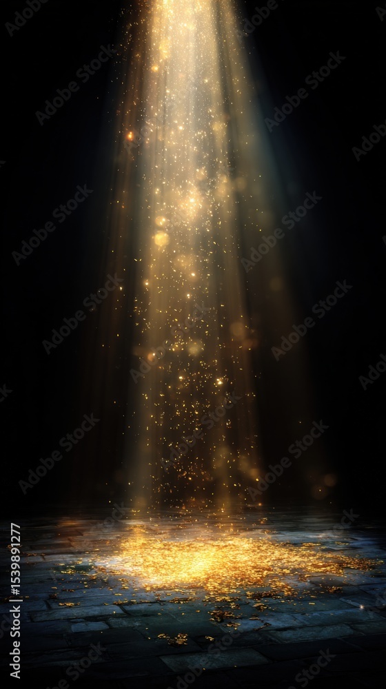 Poster elegant golden spotlight shining on a reflective surface with sparkling particles
