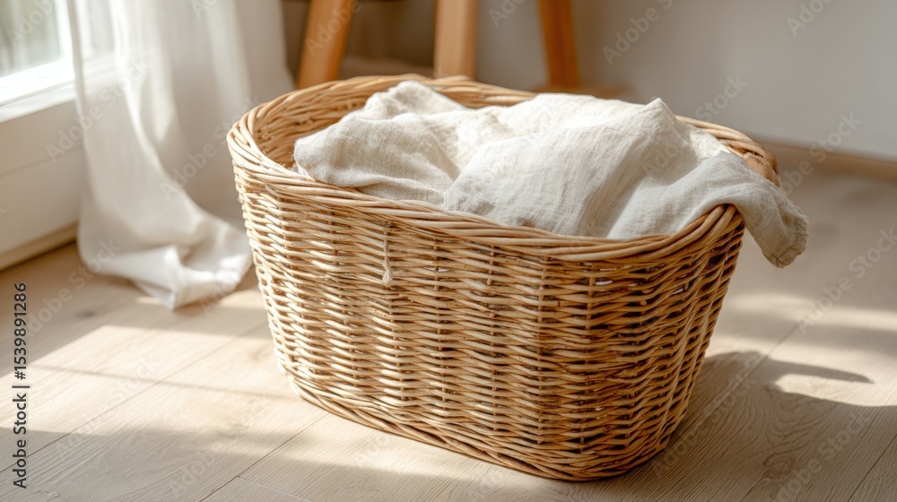 Poster wide angle view of empty wicker laundry basket with cloth lining in bright sunlight