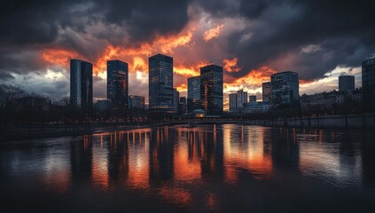 Dramatic city skyline at fiery sunset, reflected in still water