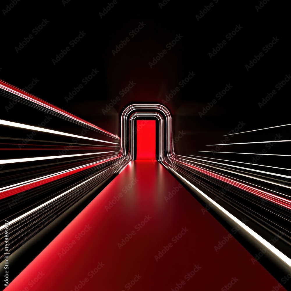 Poster Futuristic tunnel with glowing red door and dynamic light trails on dark background