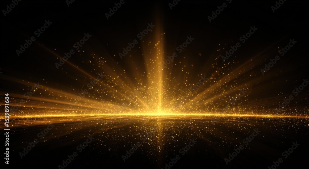 Poster bright golden light explosion radiating outward with sparkling particles in space scene