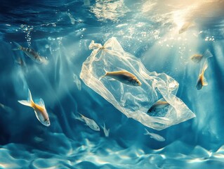 A striking underwater image depicting fish navigating around a plastic bag, highlighting the urgent issue of ocean pollution and its impact on marine life.