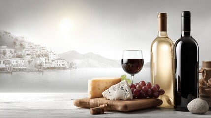 Naklejka premium Bottles of wine with cheese grapes and wine glass on a rustic wooden table overlooking a scenic lakeside landscape