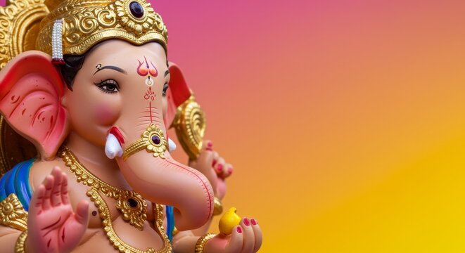Close-up of Lord Ganesha statue showing intricate gold ornamentation, pink to yellow gradient background