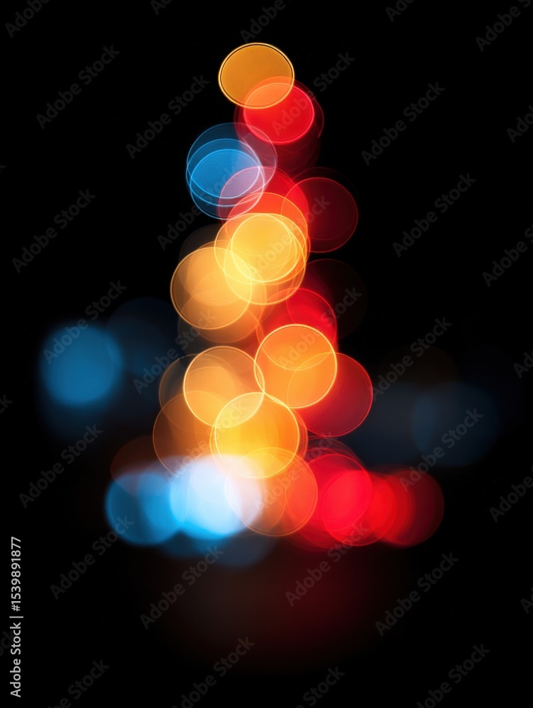 Poster Blur of colorful festive Christmas tree lights against dark background creating abstract bokeh effect
