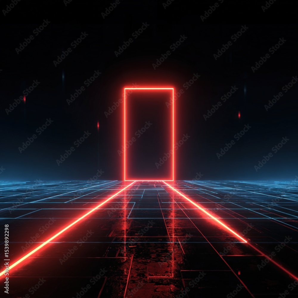 Poster futuristic neon glowing door frame with digital grid and light lines in a dark environment