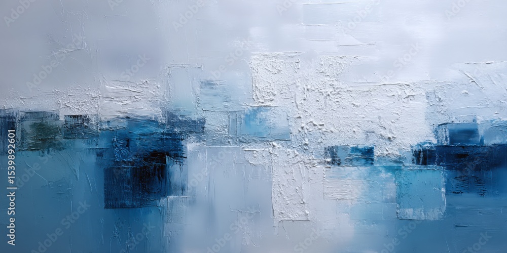Poster abstract textured painting with blue and white brushstrokes creating depth and movement