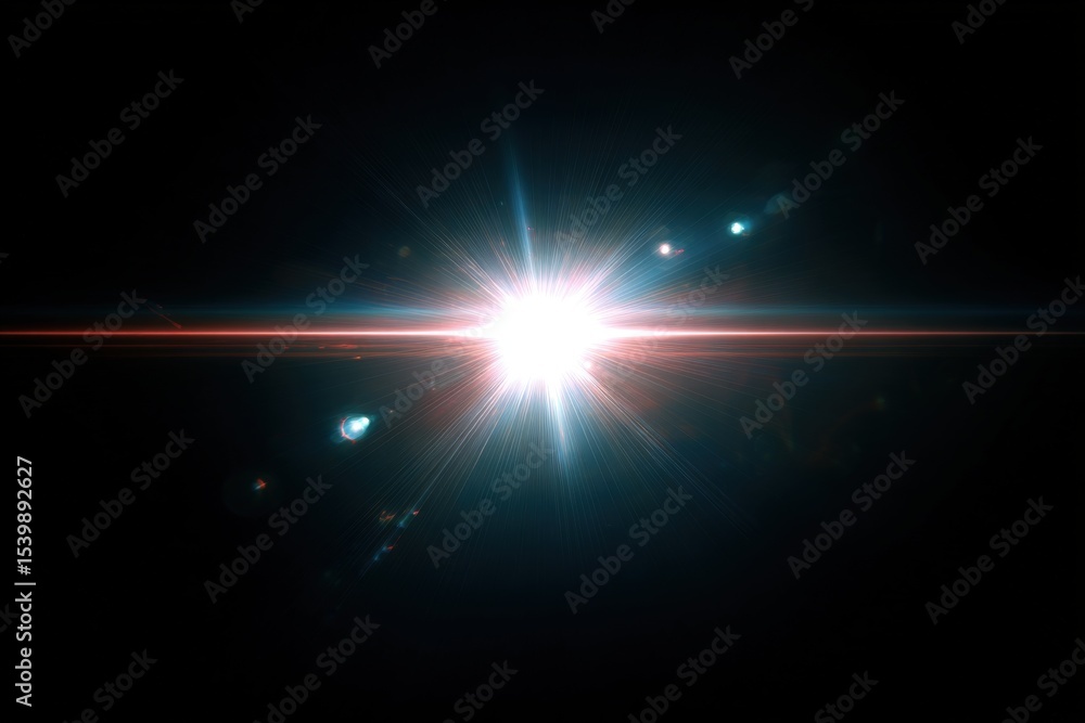 Poster bright light burst in deep space with lens flare and starfield background
