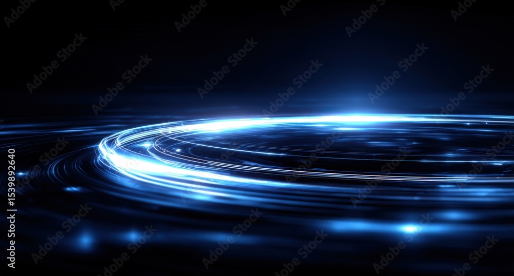 Poster high speed glowing light trails moving in a circular motion on dark background