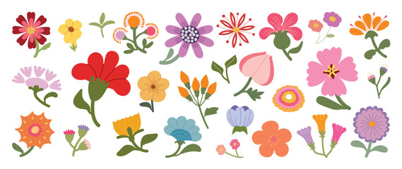 Collection of spring colorful flower elements vector. Set floral of wildflower, leaf branch, foliage on white background. Hand drawn blossom illustration for decor, easter, thanksgiving, clipart.
