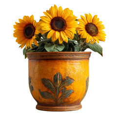 Sunflowers in rustic ceramic flower pot isolated on transparent or white background