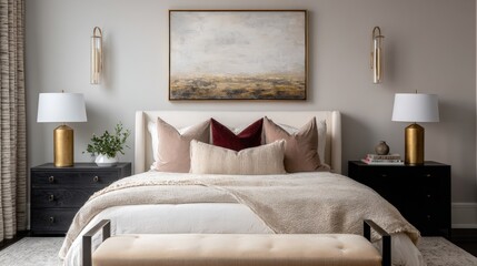 Elegant Bedroom Interior with Neutral Tones Modern Bedside Lamps and Artwork
