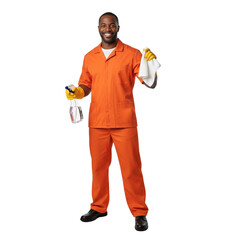 Happy Male Janitor in Orange Uniform Holding Cleaning Supplies