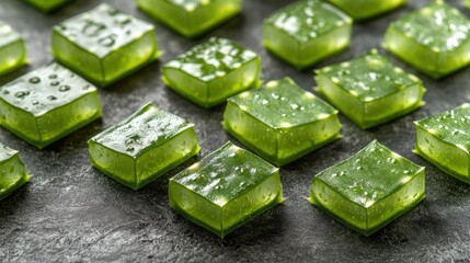 Sliced aloe vera, translucent green, studio lighting