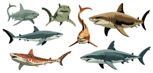 Collection of seven different shark species illustrations