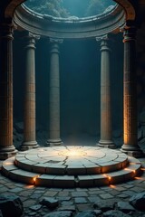 Dimly lit circular platform, ancient stone pillars, weathered, spooky, crypt