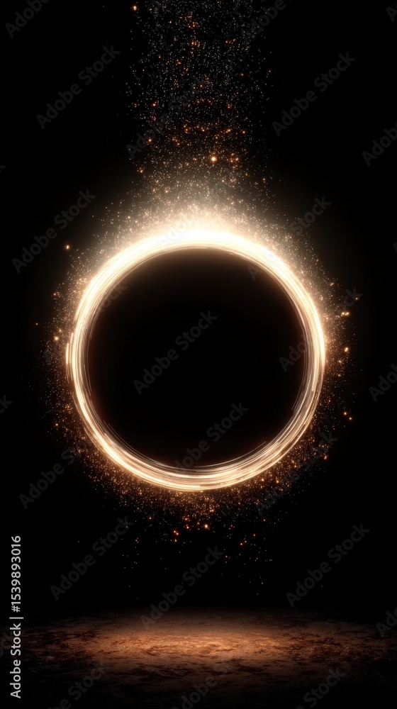 Poster mystical glowing circle with sparkling particles and fiery effects on black background