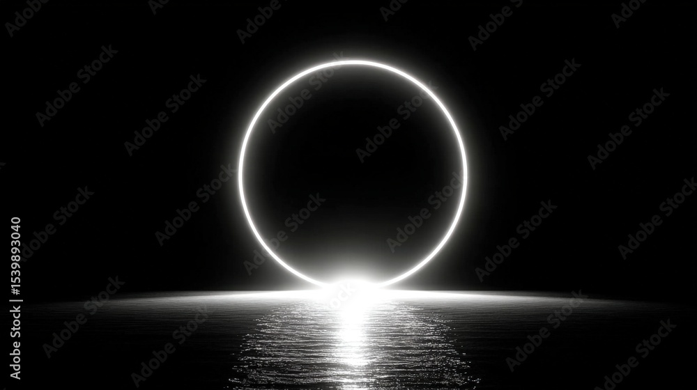 Poster minimalist glowing circle with reflection on water in dark background