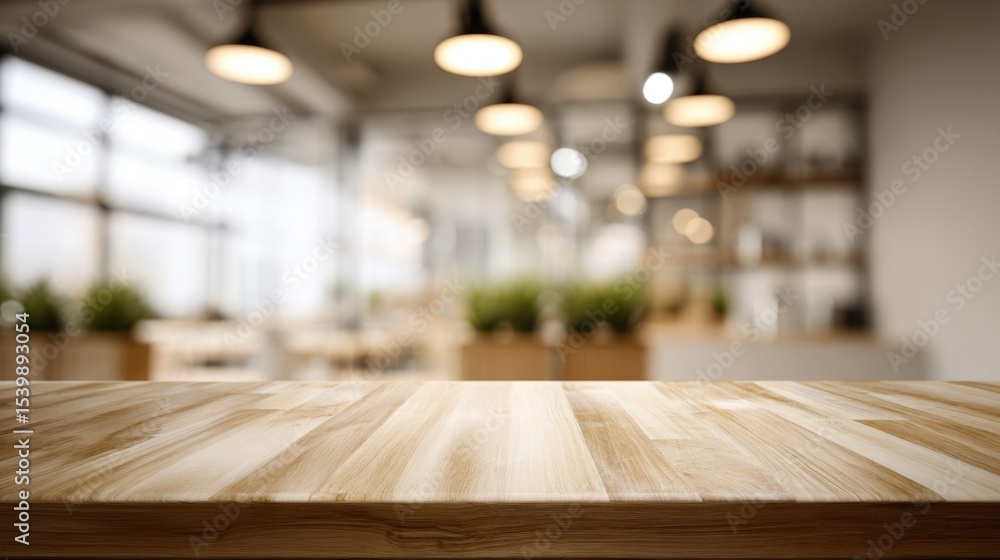 Poster empty wooden table in modern bright cafe with large and soft lighting