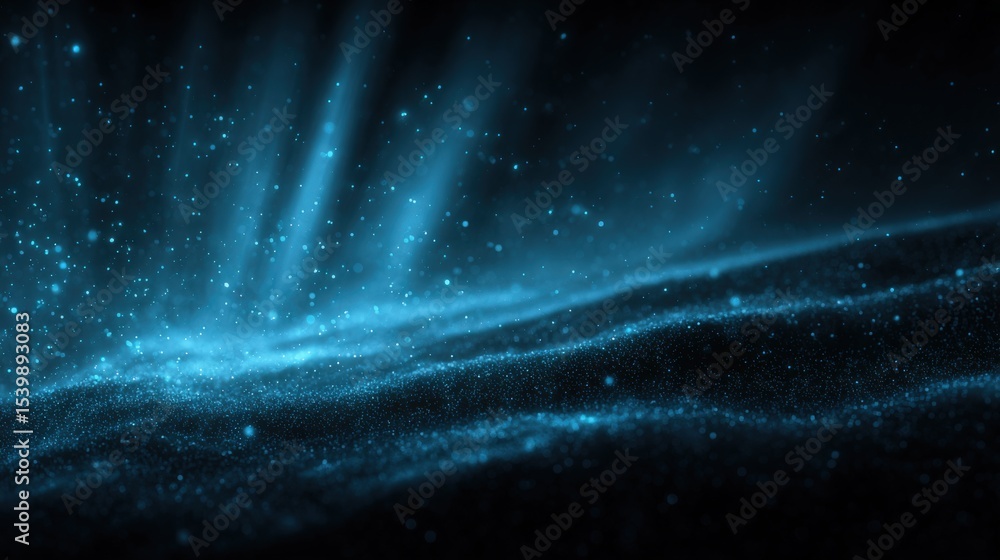 Poster dynamic glowing blue particles and streaks across dark background with starry effect