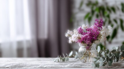 Elegant flower bouquet with pink and white blossoms in glass vase on table