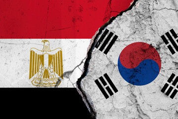 Torn Flags of South Korea and Egypt Depicting Political and Cultural Tension. Split Design of ...