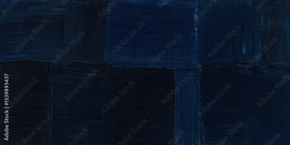 Poster abstract painting with textured deep blue and navy rectangular brushstrokes in modern art style