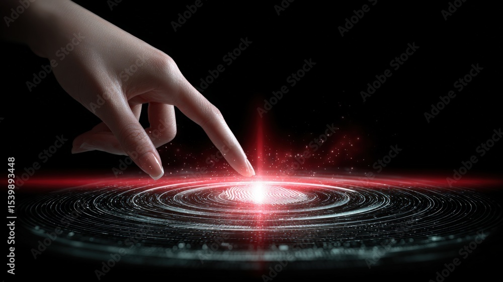 Poster Human Finger Touching Glowing Light Source Creating Digital Energy Pattern