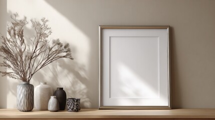 Minimalist empty picture frame with decorative vases and dried plant arrangement