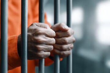 Obraz na płótnie Canvas Close-up of elderly man gripping jail cell bars with hands in prison uniform