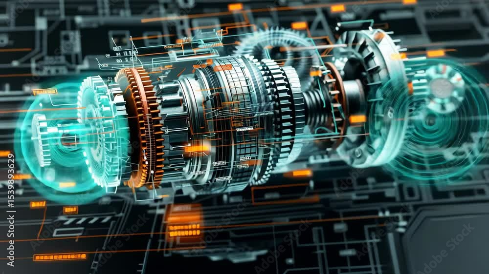 Aufkleber a complex mechanical engineering design featuring intricate gears and components, rendered in a slee